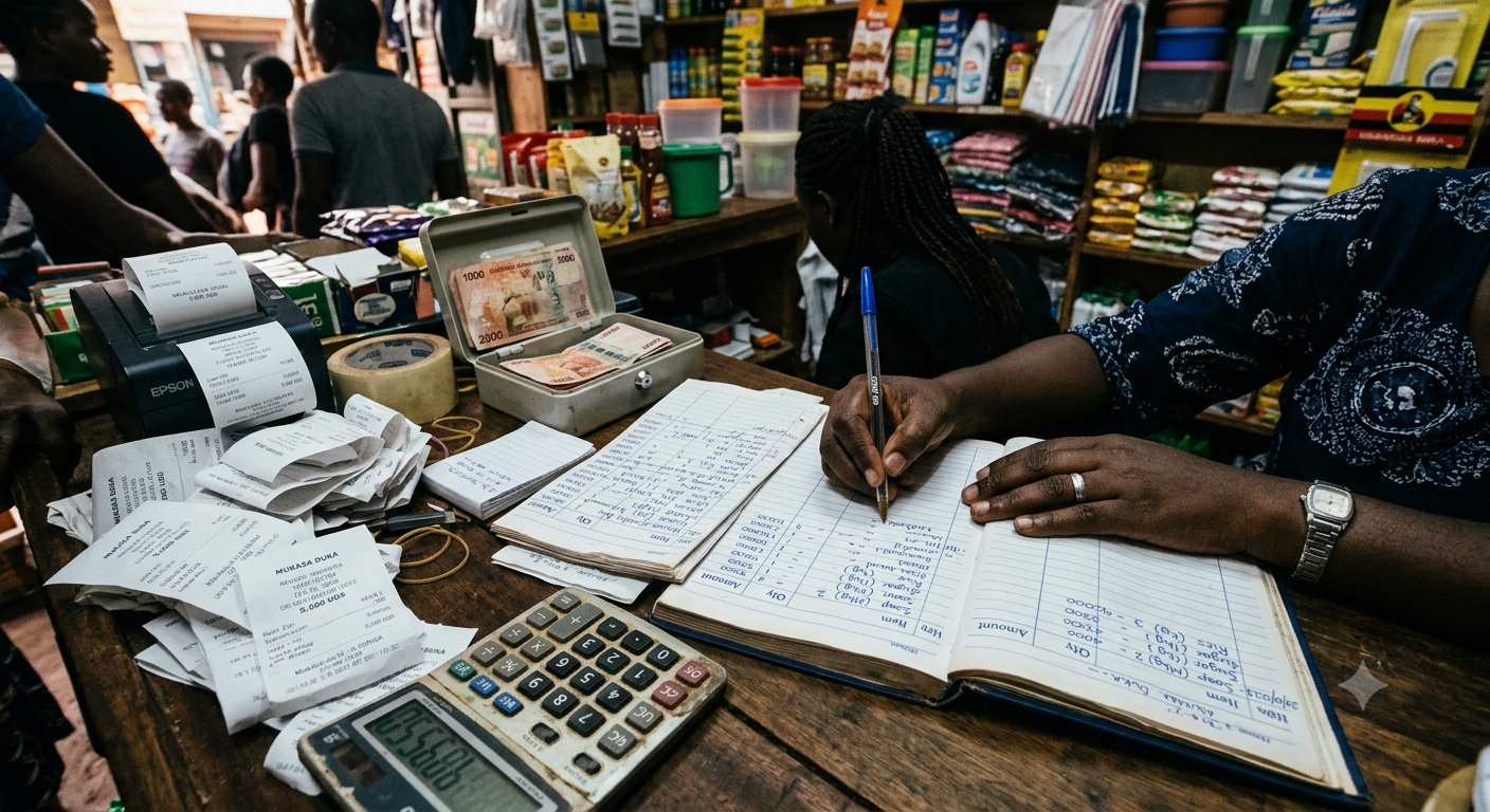 Shop owner surrounded by paper ledgers and receipts