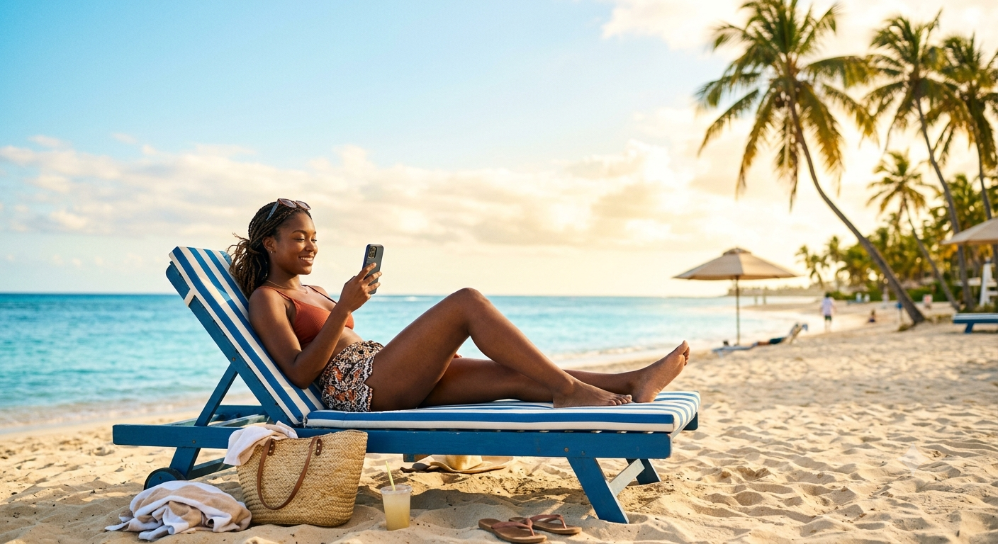 Person relaxing on vacation checking sales on their phone